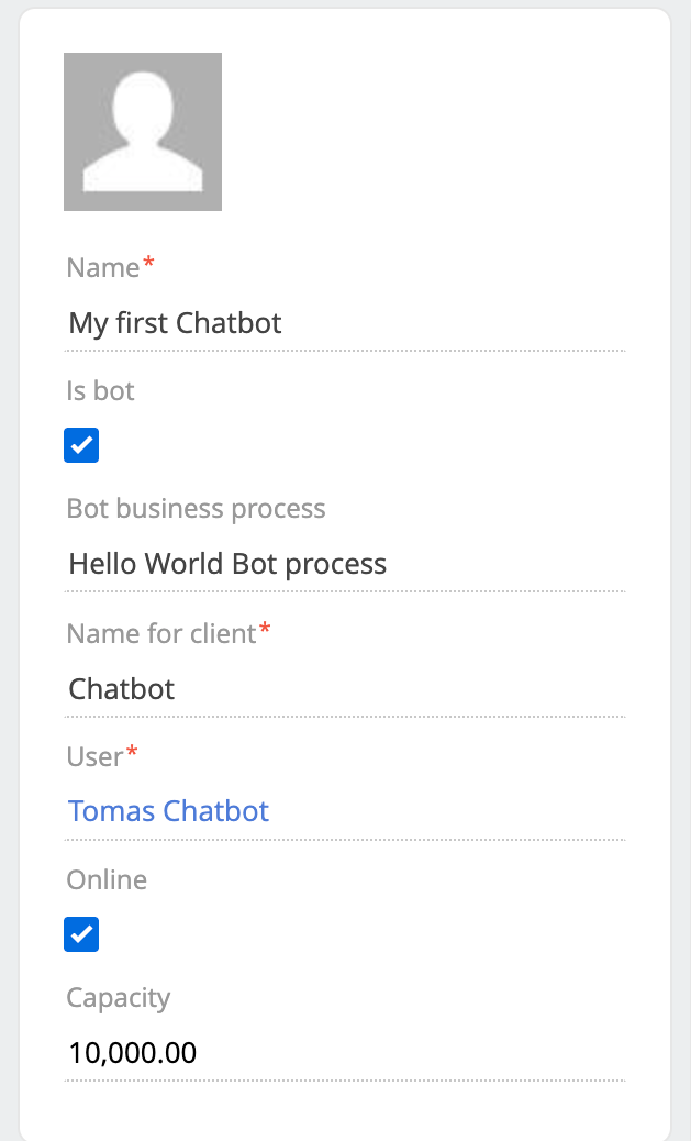 Bot operator with Is bot selected, Hello World Bot process as the bot business process, Online selected, and a capacity of 10,000