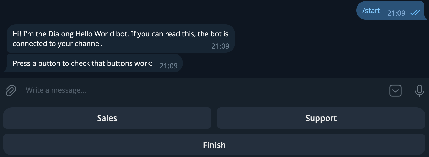 Telegram chat with the bot’s greeting and the Sales, Support, and Finish buttons